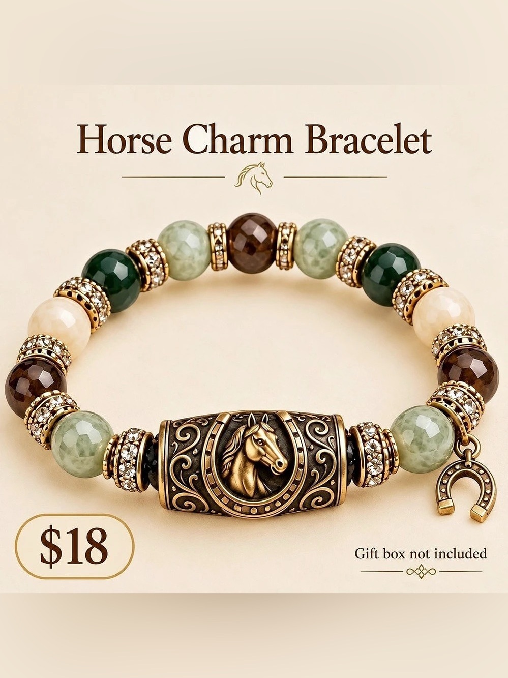 Horse Charm Bracelet Brown & Green NWT